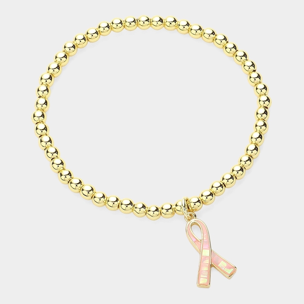 Gold Pink Ribbon Charm Stainless Steel Metal Ball Beaded Pendant Bracelet